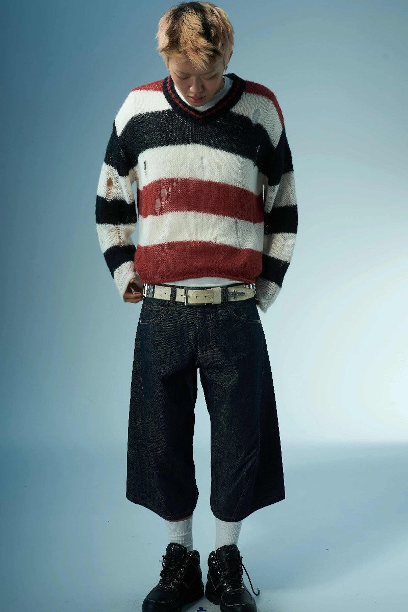 Striped Distressed V-Neck Sweater