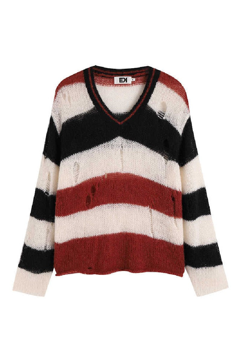 Striped Distressed V-Neck Sweater