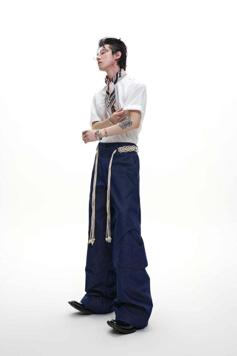 Belted Straight Cut Denim Jeans