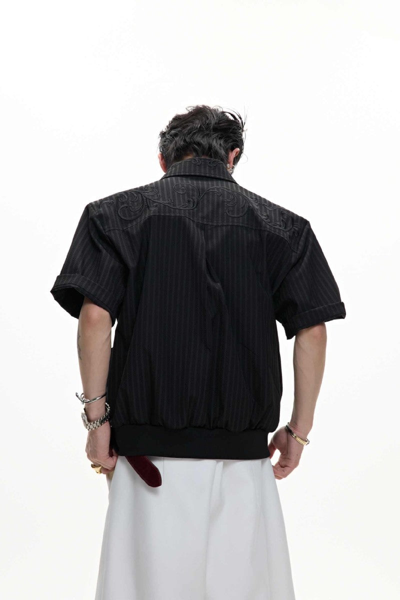 Textured Embroidered Short Sleeves Cropped Shirt