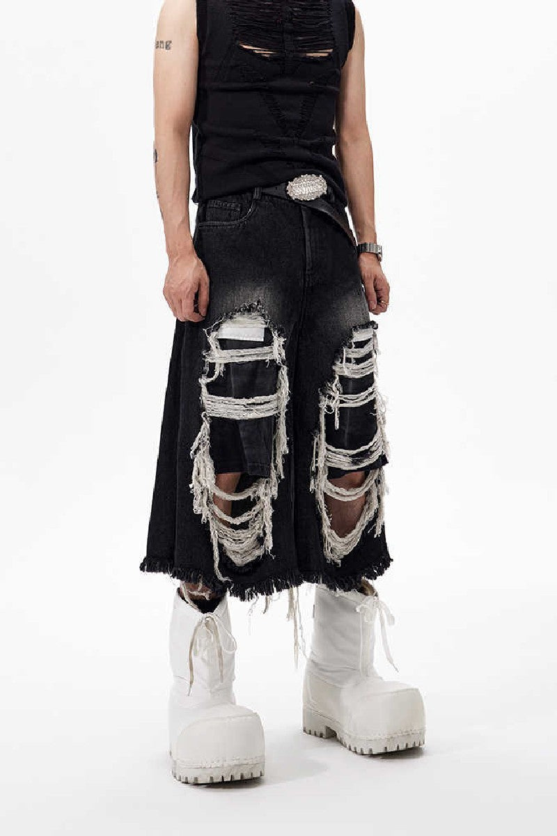 Distressed Patchwork Denim Shorts