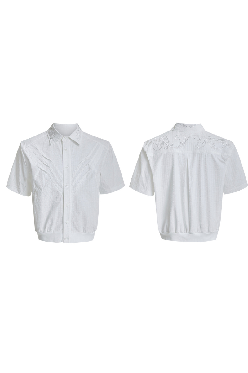 Textured Embroidered Short Sleeves Cropped Shirt