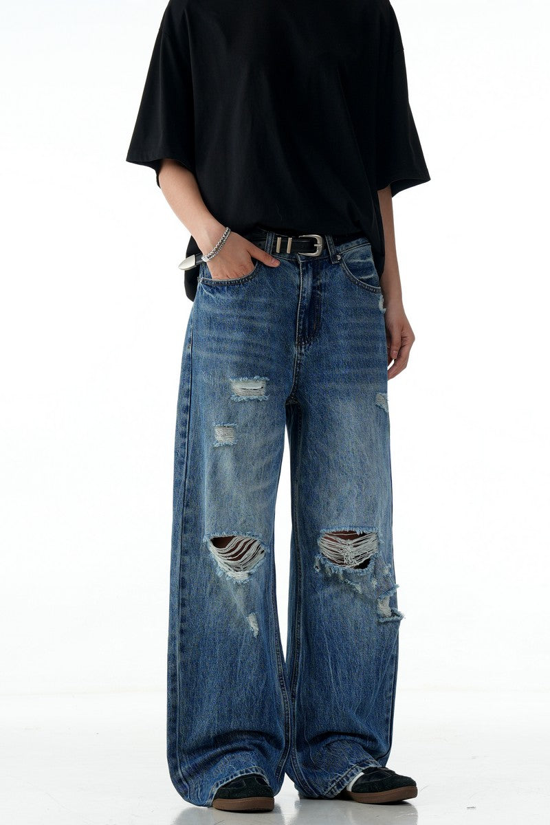 Blue Ripped Wide Jeans