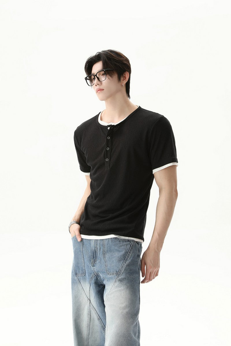 Textured Henley Layered Knit Tee