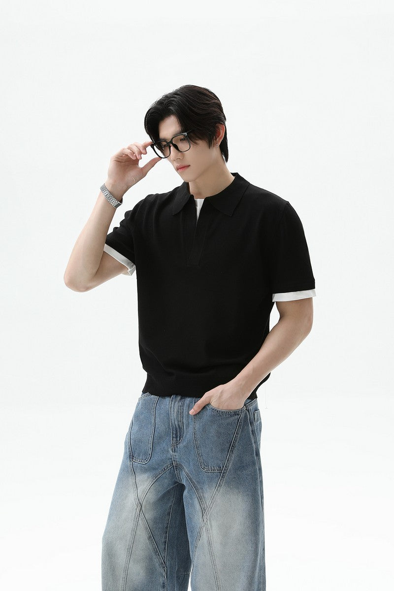 Layered Look Polo Knit Tee