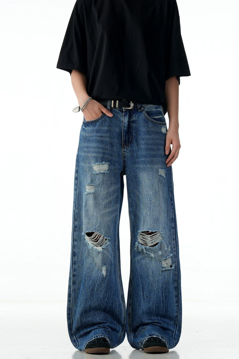 Blue Ripped Wide Jeans