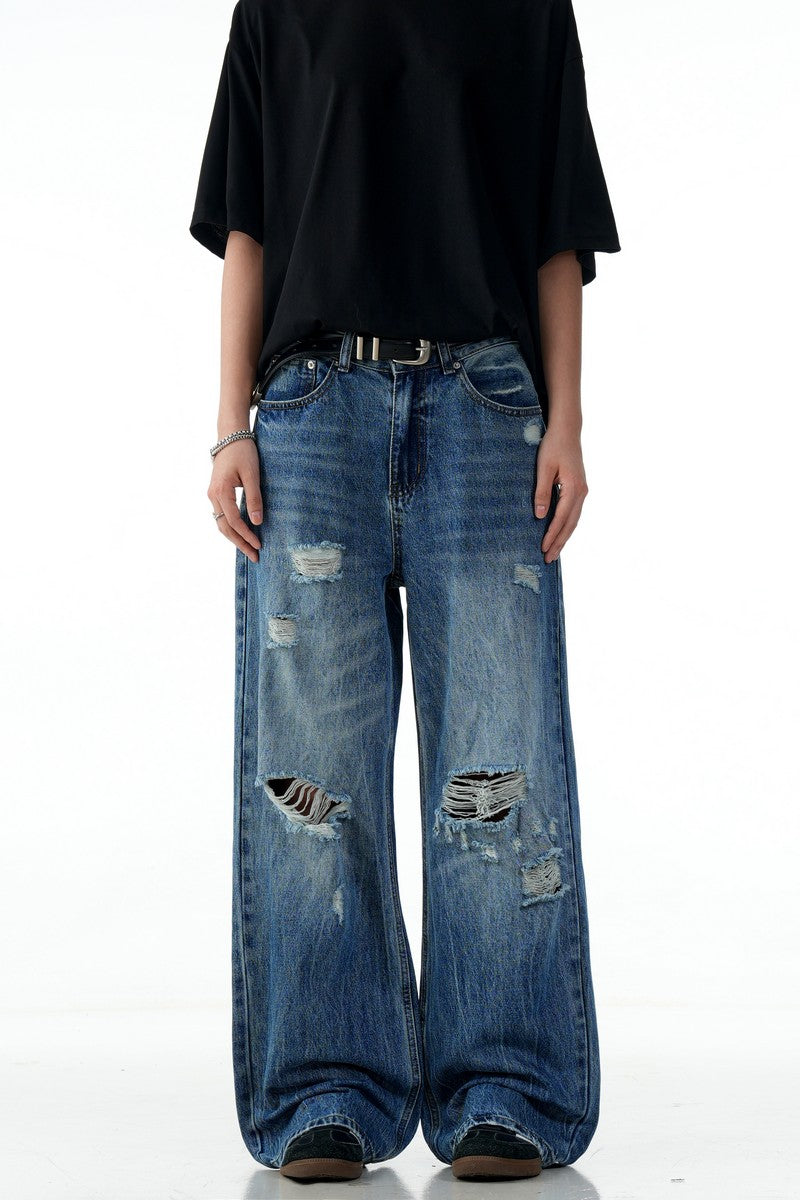 Blue Ripped Wide Jeans