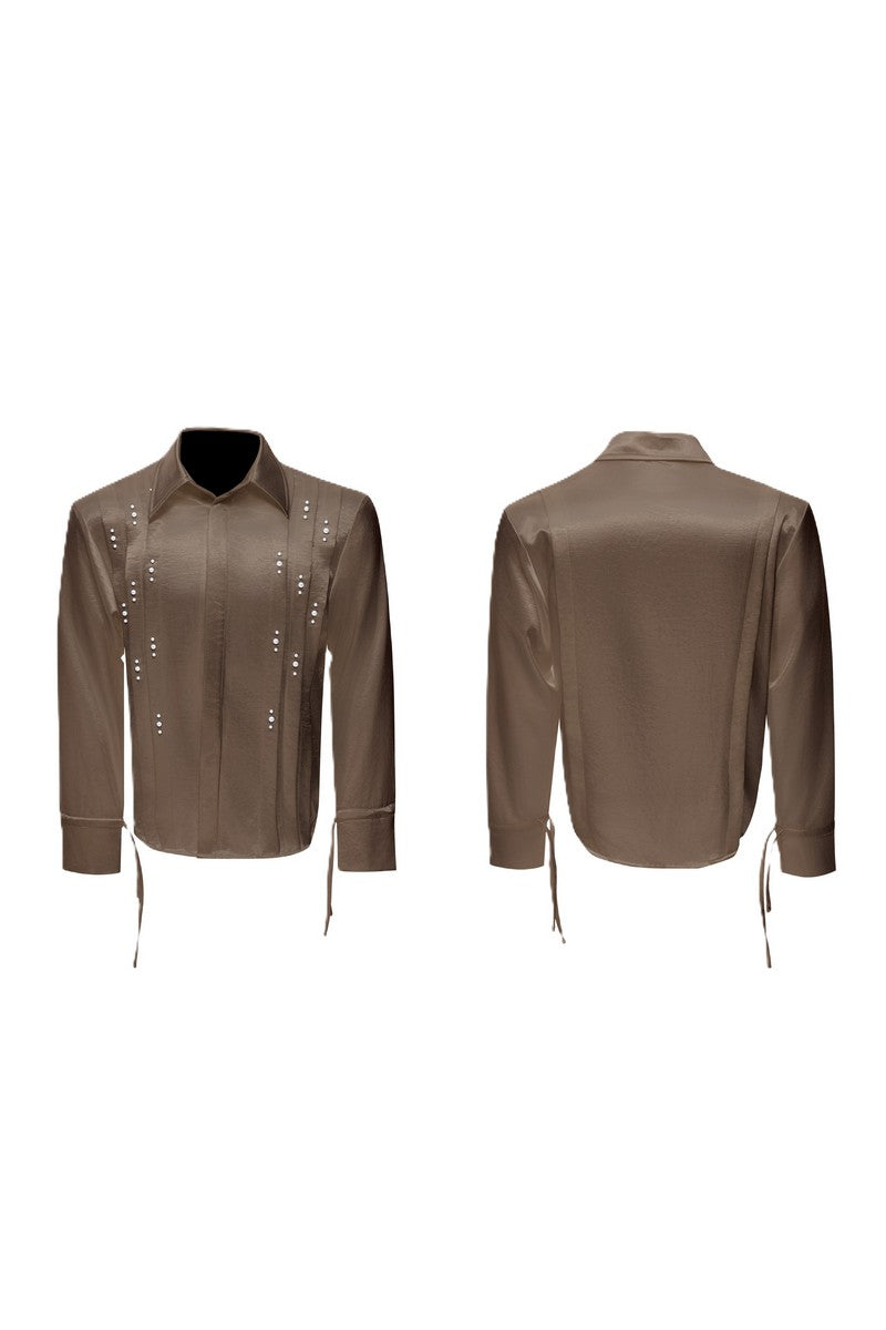 Metallic Tie Pearl Pleated Shirt