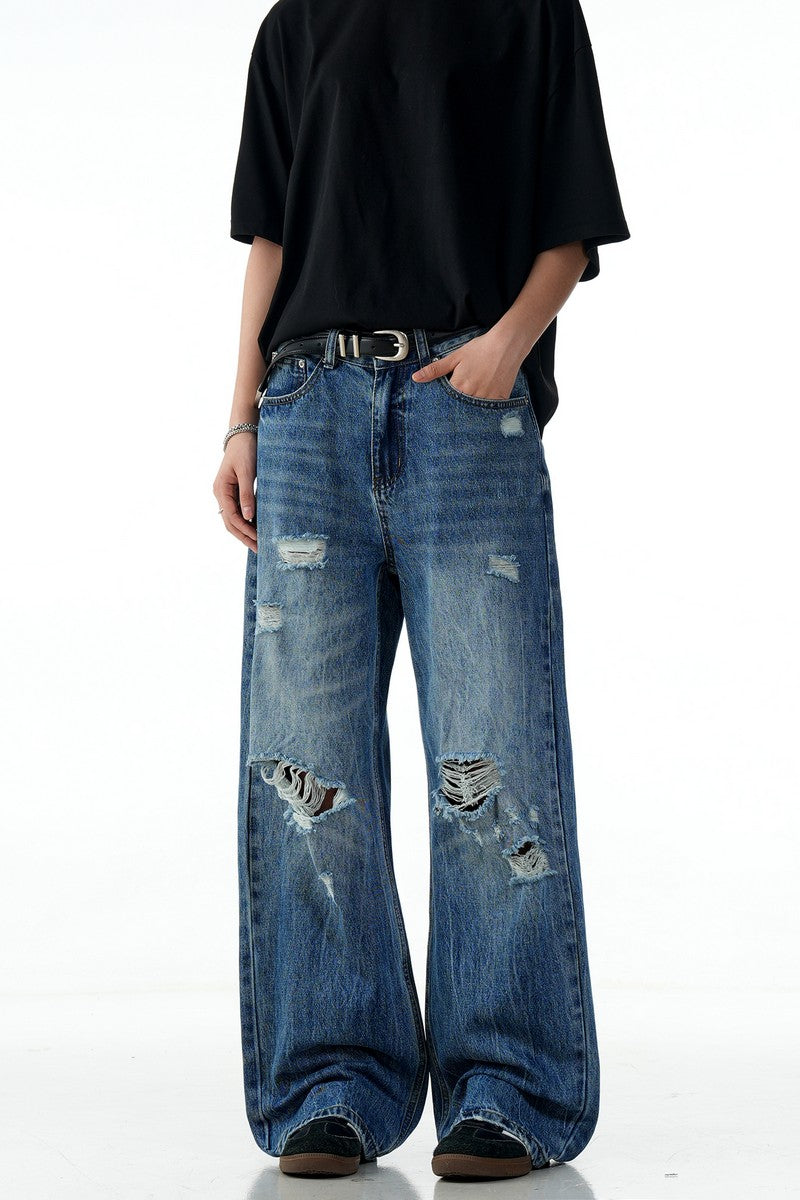 Blue Ripped Wide Jeans