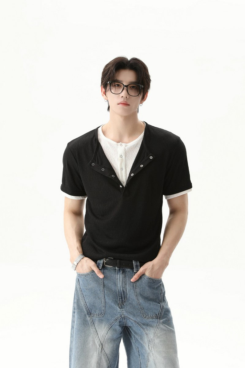 Textured Henley Layered Knit Tee