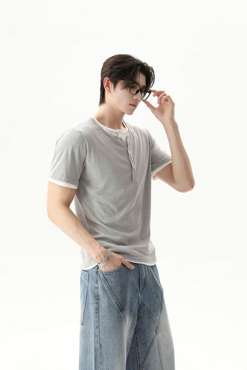 Textured Henley Layered Knit Tee