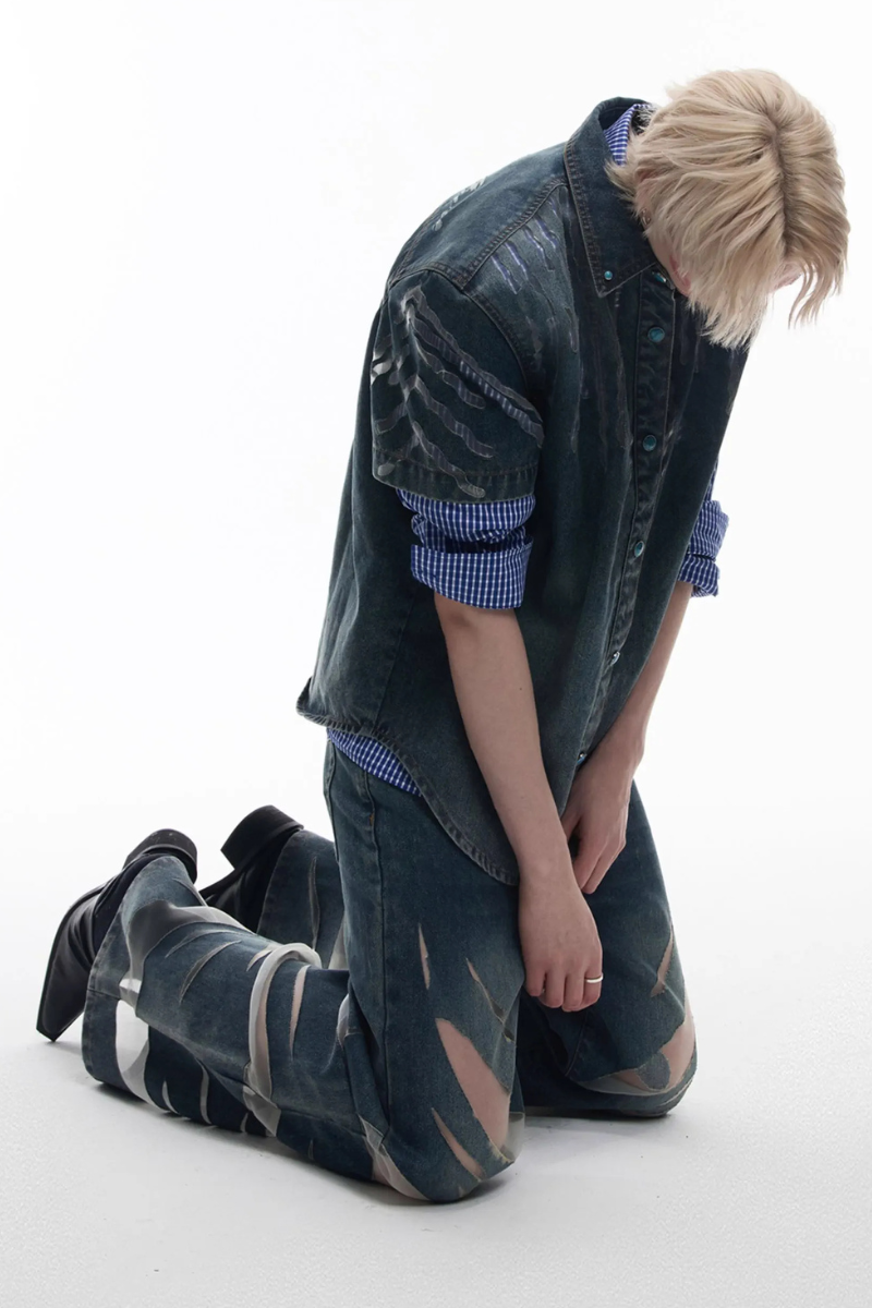 Mesh Panel Denim Shirt