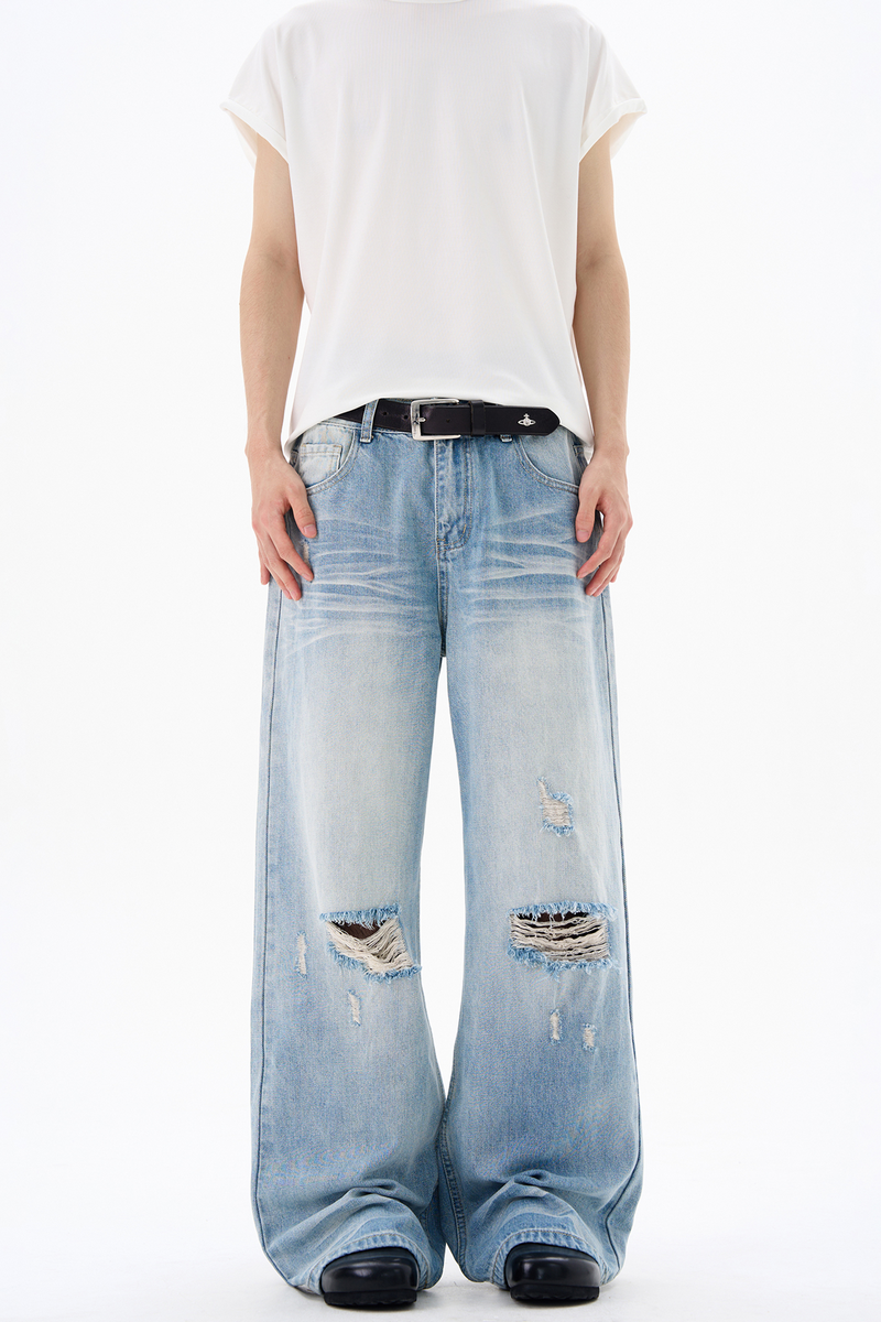 Ripped Blue Wide Jeans