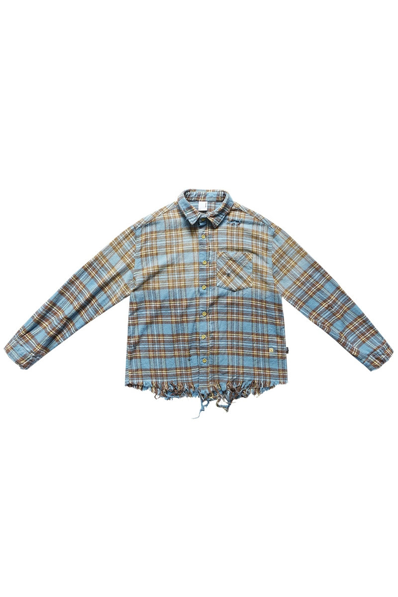 Distressed Plaid Oversized Shirt Jacket