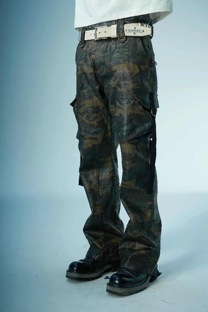 Waxed Camo Flared Cargo Pants