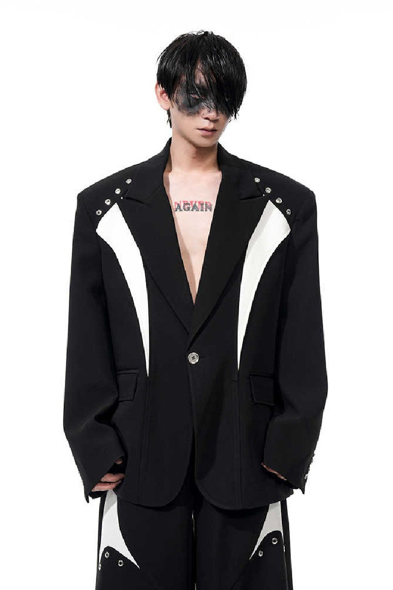 Structured Padded Shoulder Patchwork Blazer