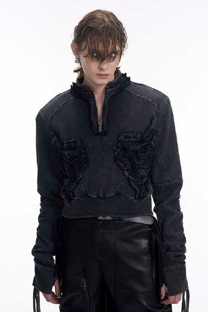 Ribbed Distressed Cropped Zip Hoodie