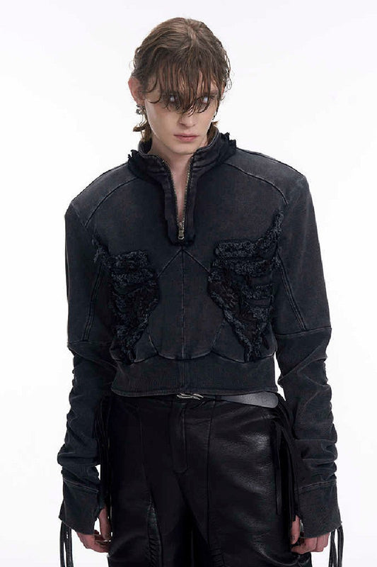 Ribbed Distressed Cropped Zip Hoodie