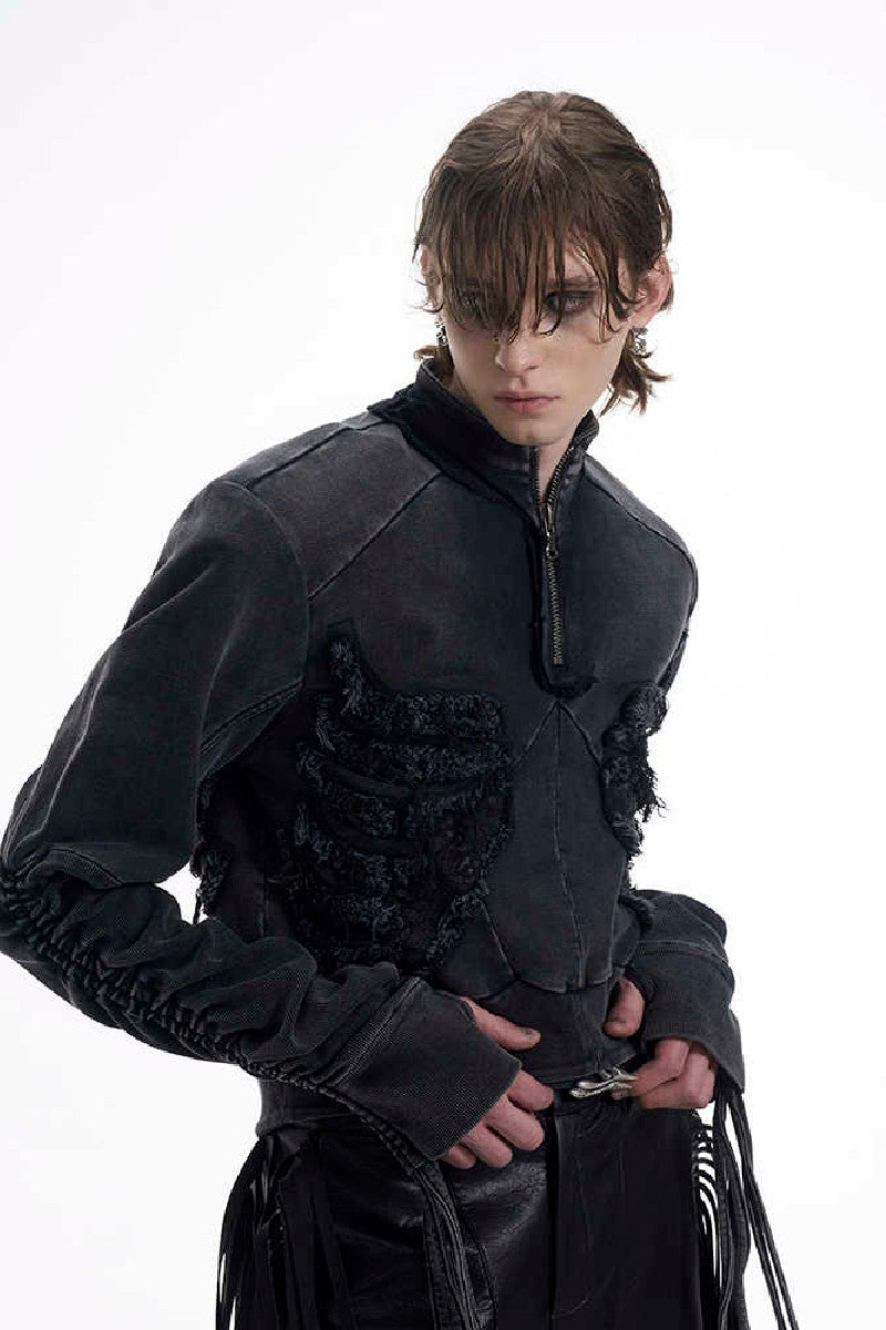 Ribbed Distressed Cropped Zip Hoodie