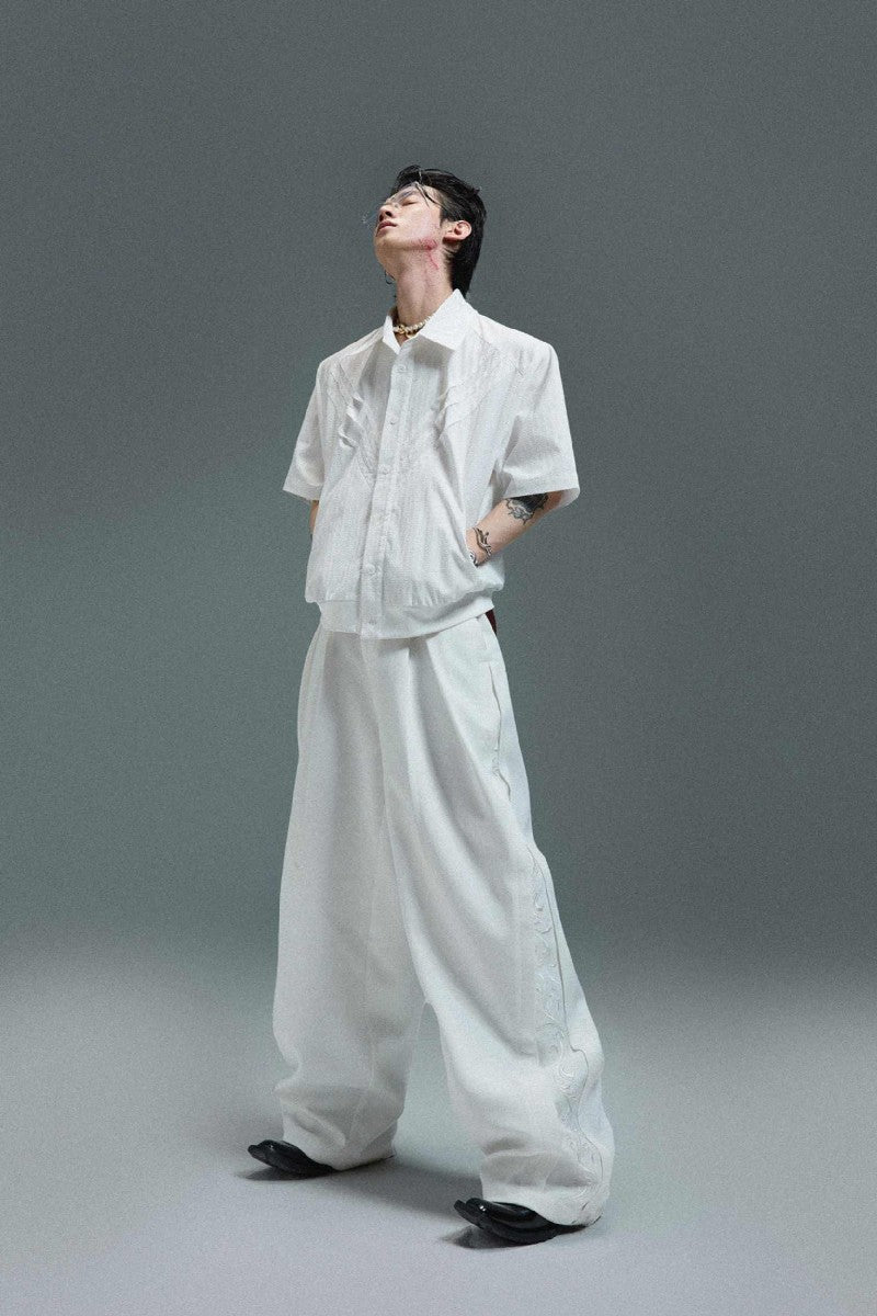Textured Embroidered Short Sleeves Cropped Shirt