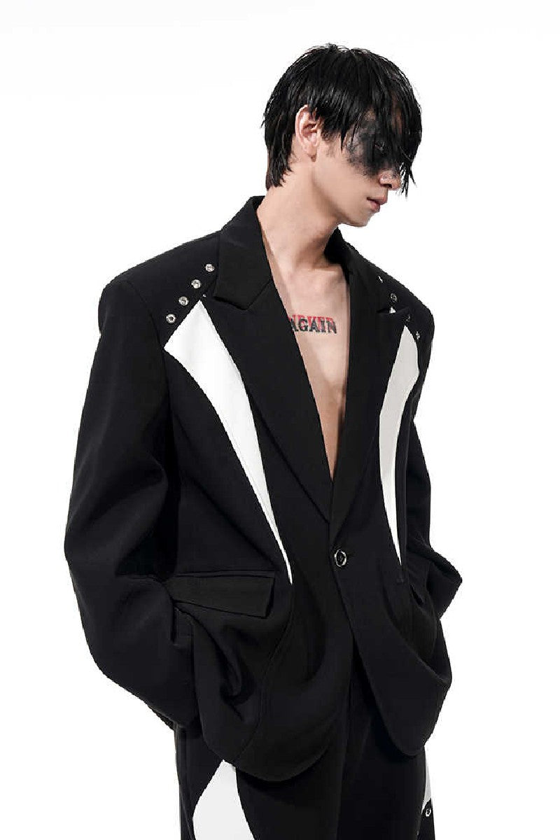 Structured Padded Shoulder Patchwork Blazer