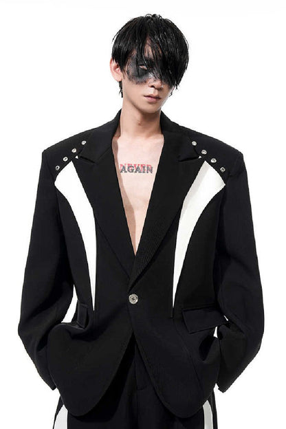 Structured Padded Shoulder Patchwork Blazer