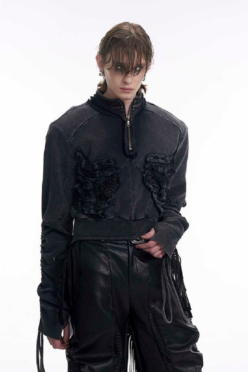 Ribbed Distressed Cropped Zip Hoodie