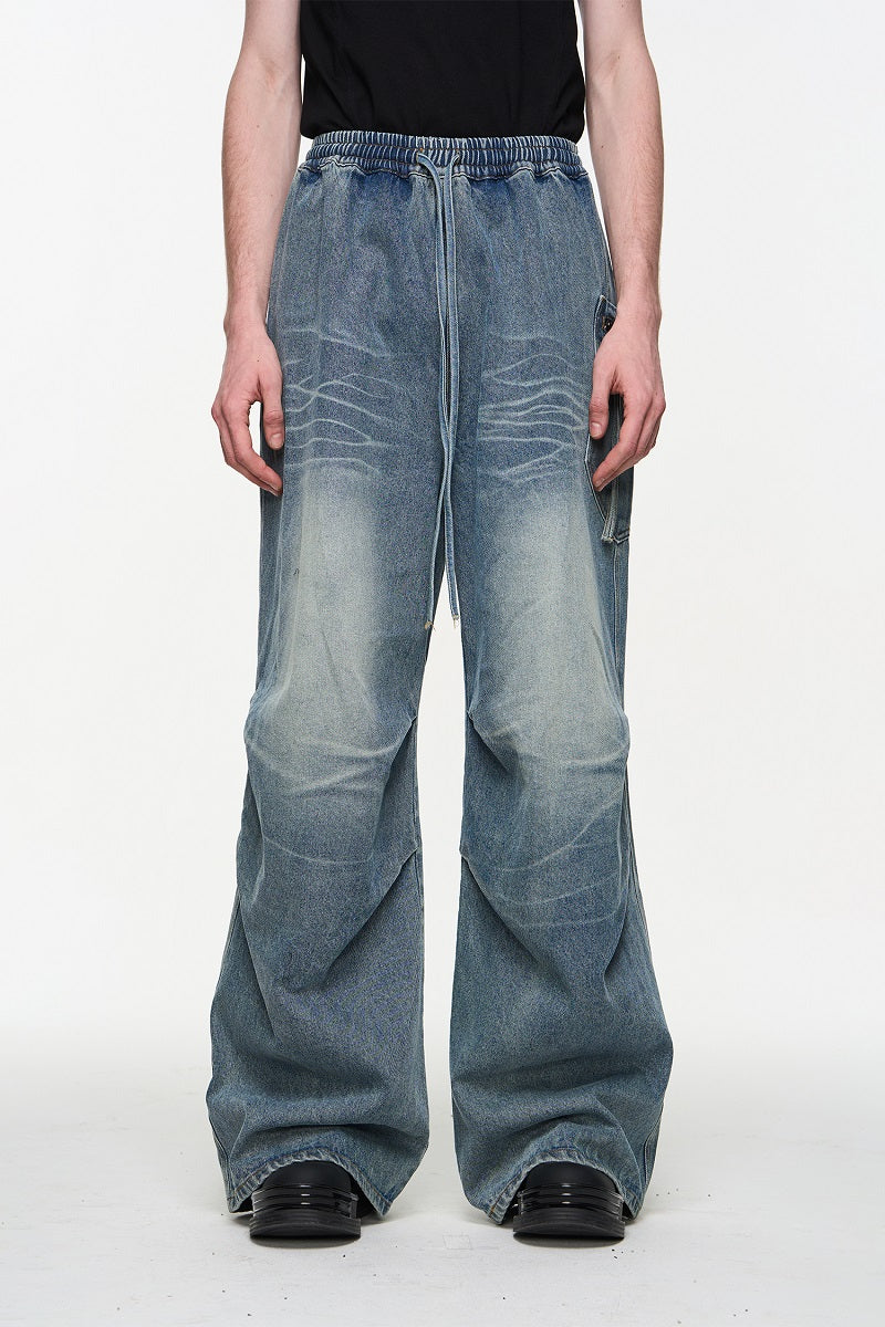 Washed Pleated Elastic Waist Jeans