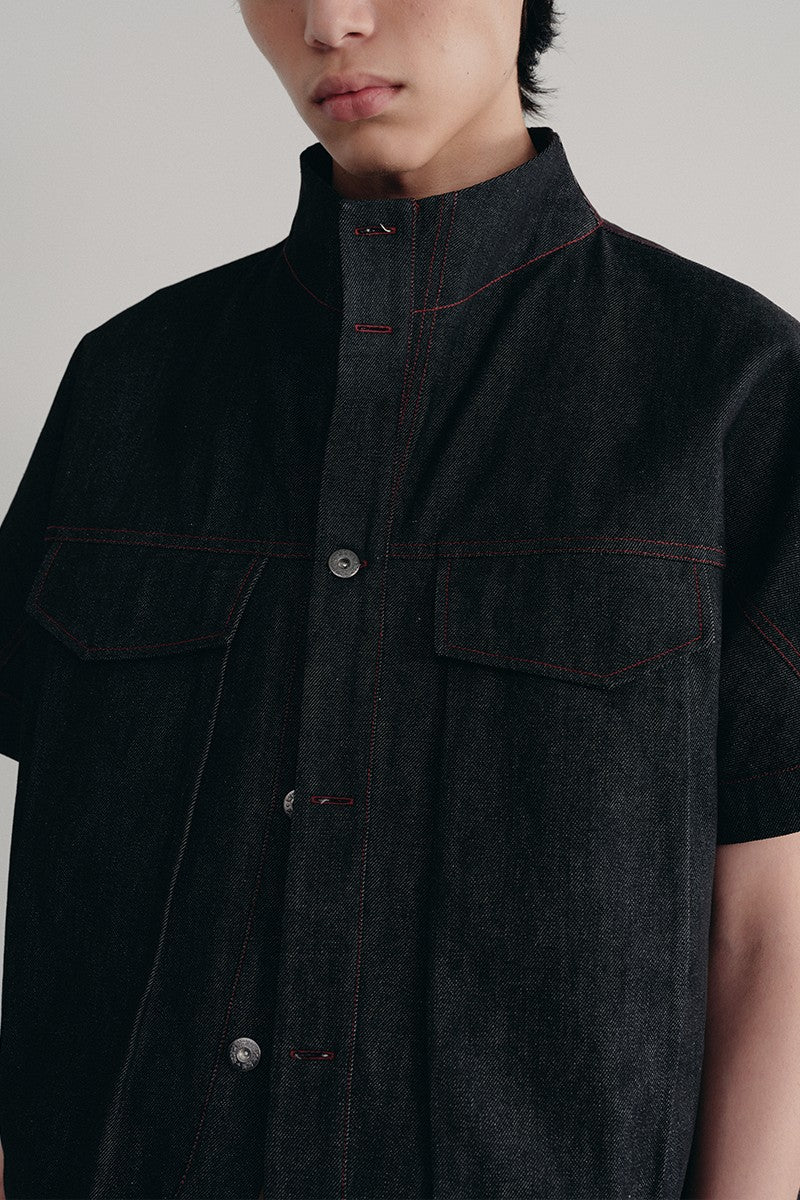 Raw Denim Stand Collar Shirt