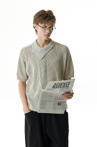 Asymmetric Cutout Knit Polo Shirt