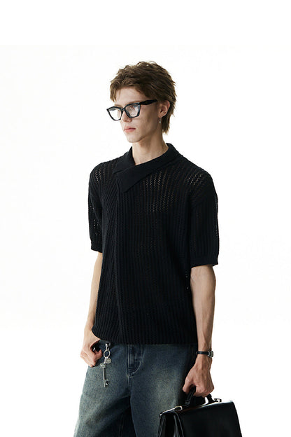 Asymmetric Cutout Knit Polo Shirt