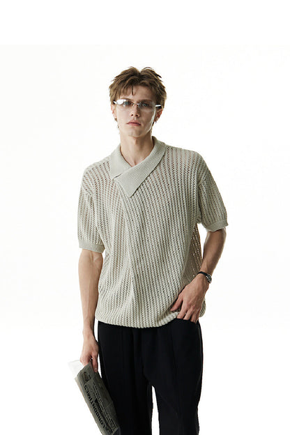 Asymmetric Cutout Knit Polo Shirt