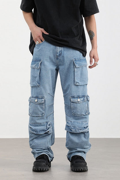 Washed Straight Multi-Pocket Jeans