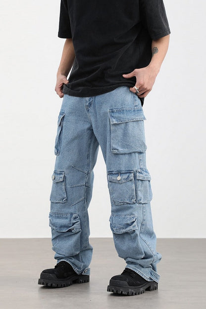 Washed Straight Multi-Pocket Jeans