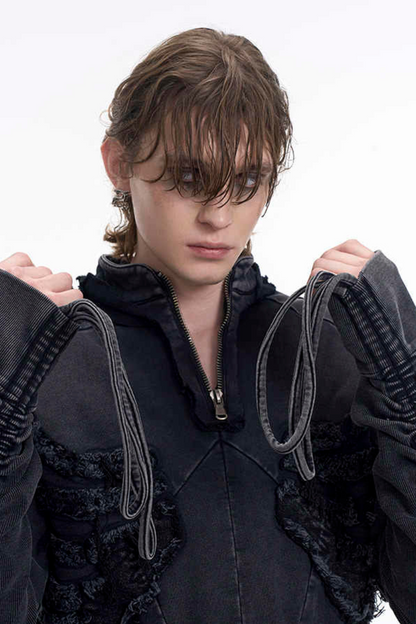 Ribbed Distressed Cropped Zip Hoodie