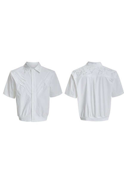 Textured Embroidered Short Sleeves Cropped Shirt