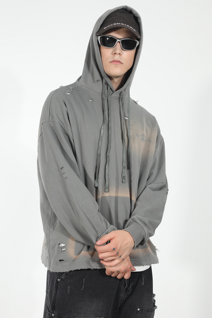 Destroyed Washed Drawstrings Hoodie