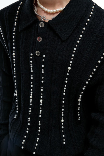 Pearl Detail Knit Polo Shirt