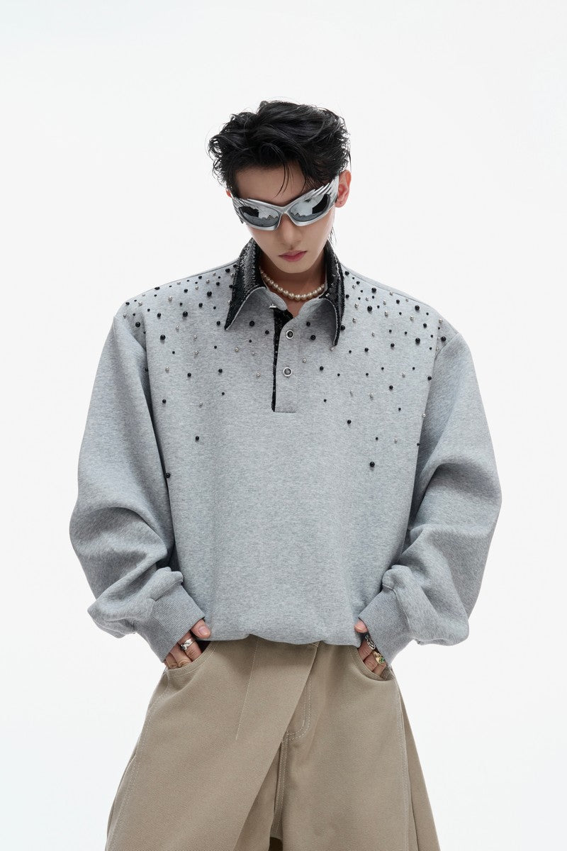 Pearl Sequin Colorblock Polo Sweatshirt