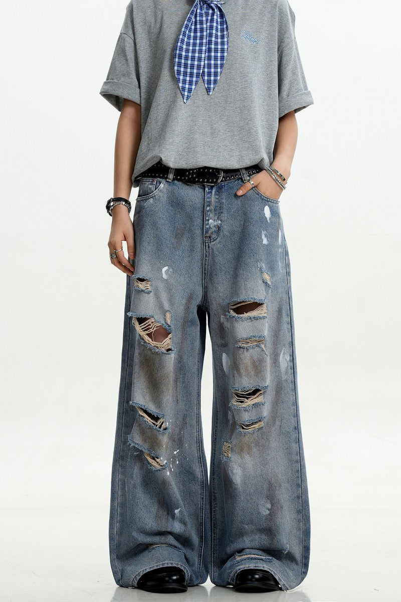 Splatter Ripped Straight Jeans