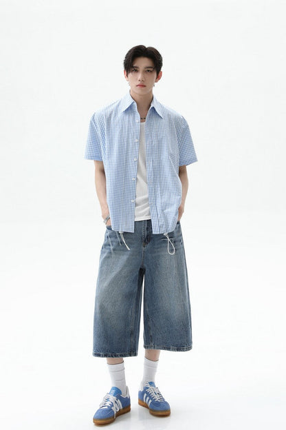 Plaid Drawstring Short Sleeve Shirt