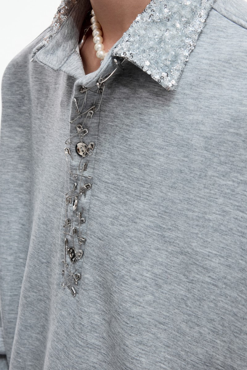 Sequin Pin Detail Polo Sweatshirt