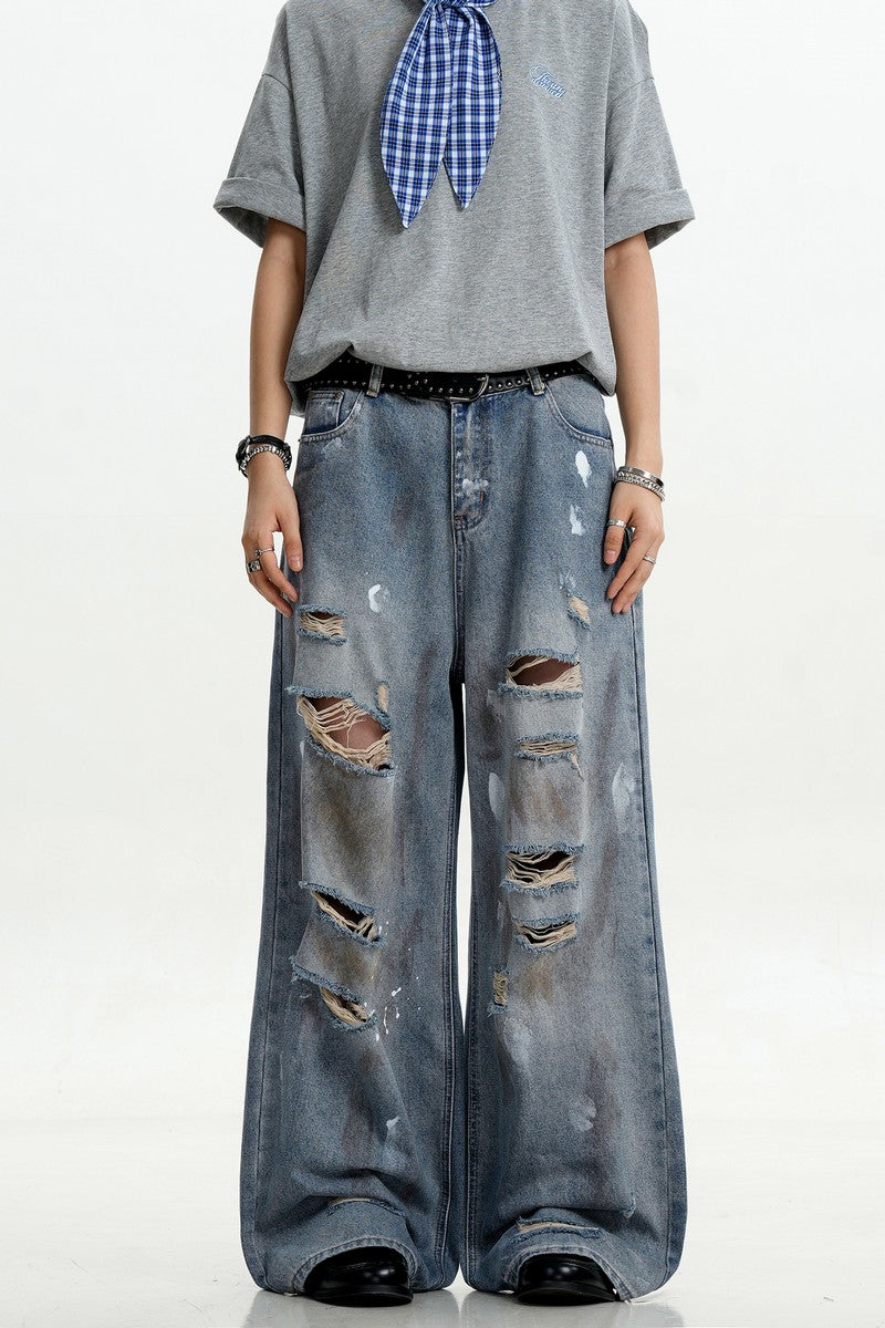 Splatter Ripped Straight Jeans