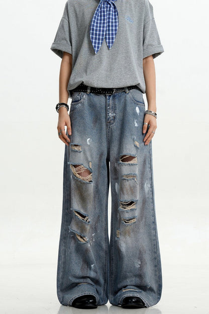 Splatter Ripped Straight Jeans