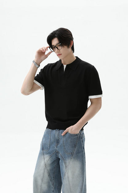 Layered Look Polo Knit Tee