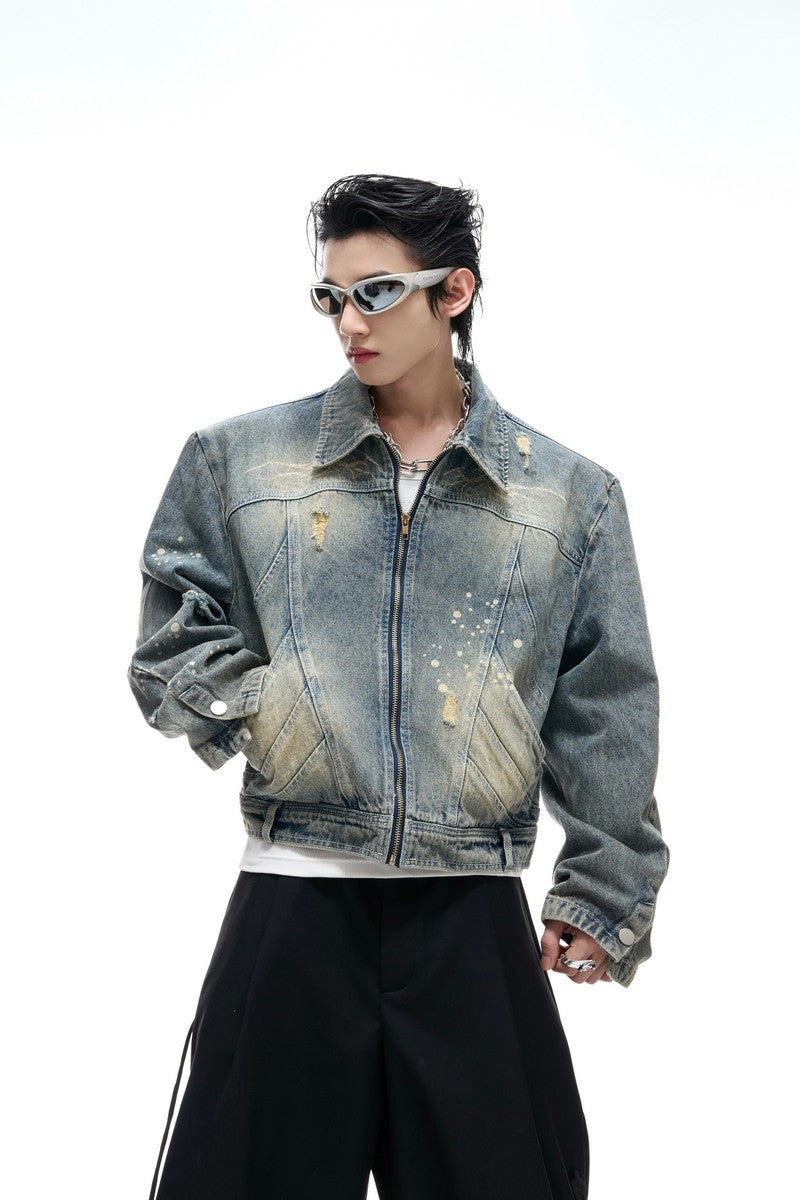 Distressed Burnout Cropped Denim Jacket
