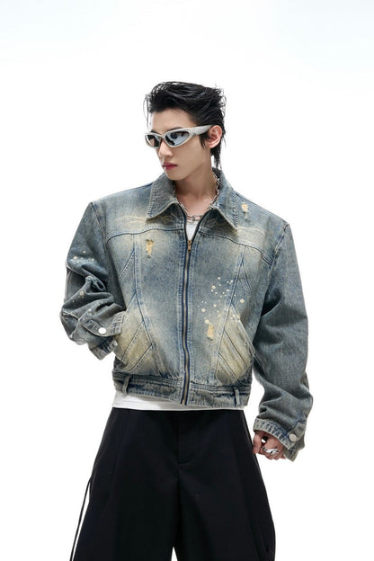 Distressed Burnout Cropped Denim Jacket