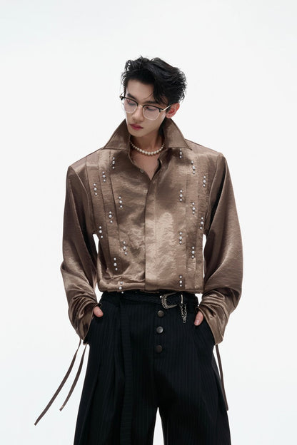 Metallic Tie Pearl Pleated Shirt