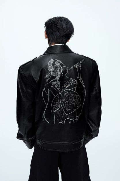 Pin Detail Geisha Print Leather Jacket