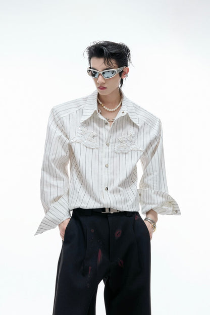 Striped Sequin Embroidered Linen Shirt